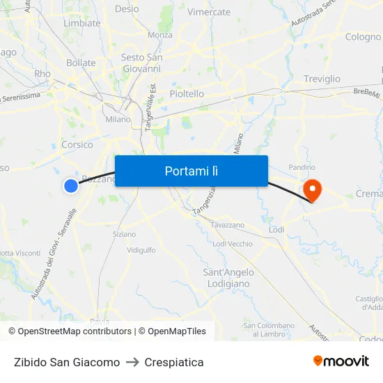 Zibido San Giacomo to Crespiatica map