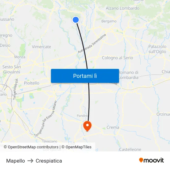 Mapello to Crespiatica map