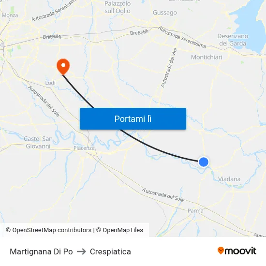 Martignana Di Po to Crespiatica map