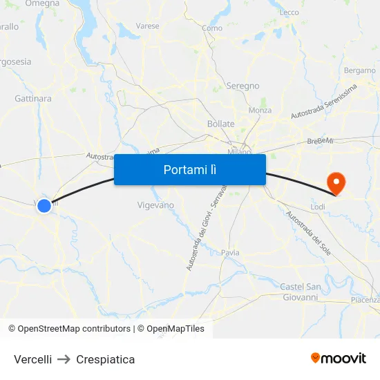 Vercelli to Crespiatica map