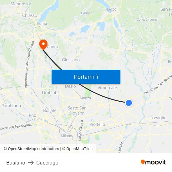 Basiano to Cucciago map