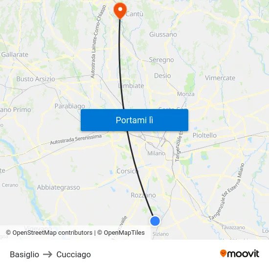 Basiglio to Cucciago map