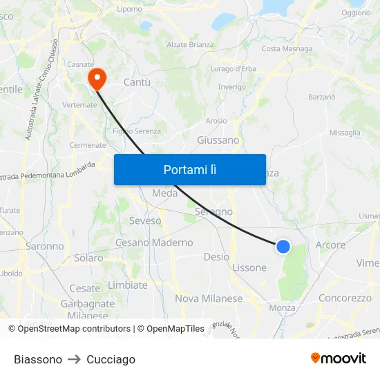 Biassono to Cucciago map