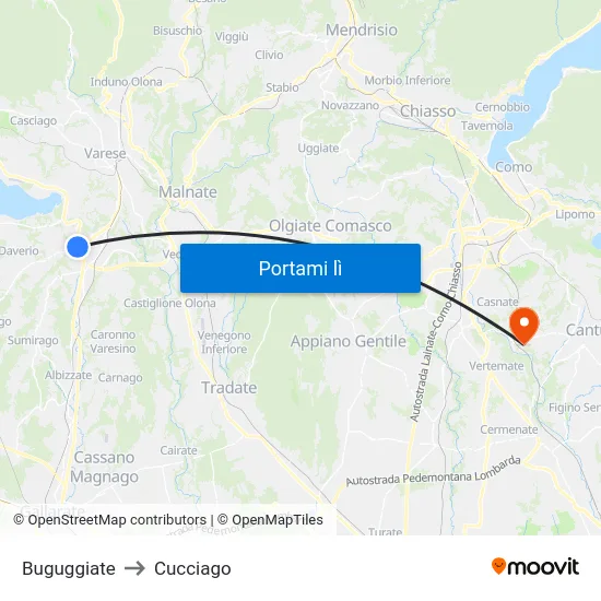Buguggiate to Cucciago map