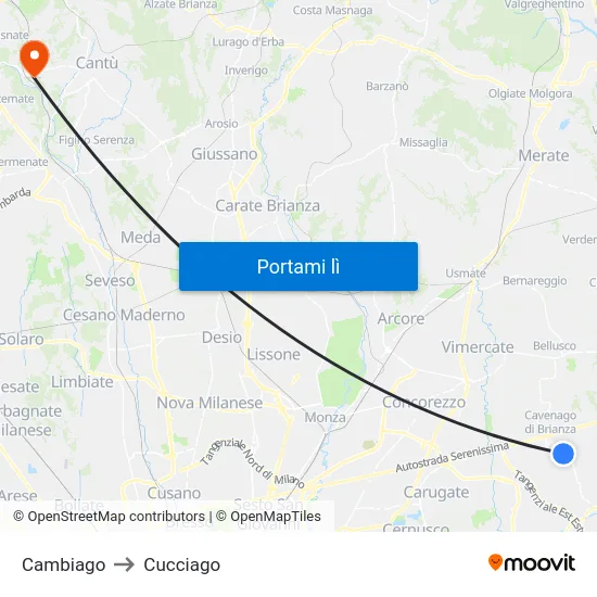 Cambiago to Cucciago map