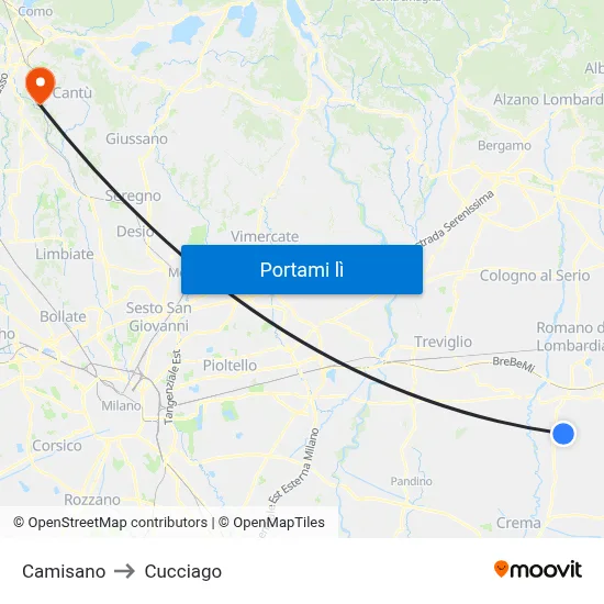 Camisano to Cucciago map