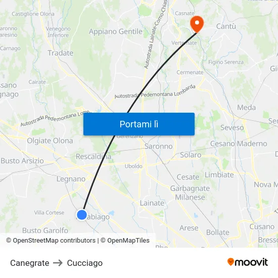 Canegrate to Cucciago map