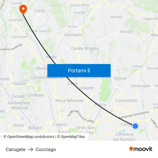 Carugate to Cucciago map