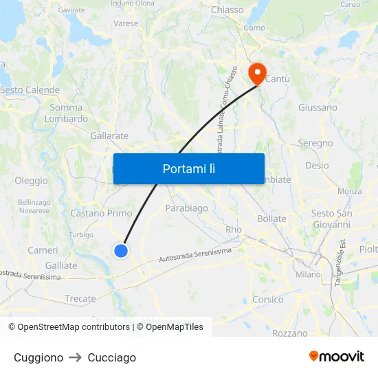 Cuggiono to Cucciago map