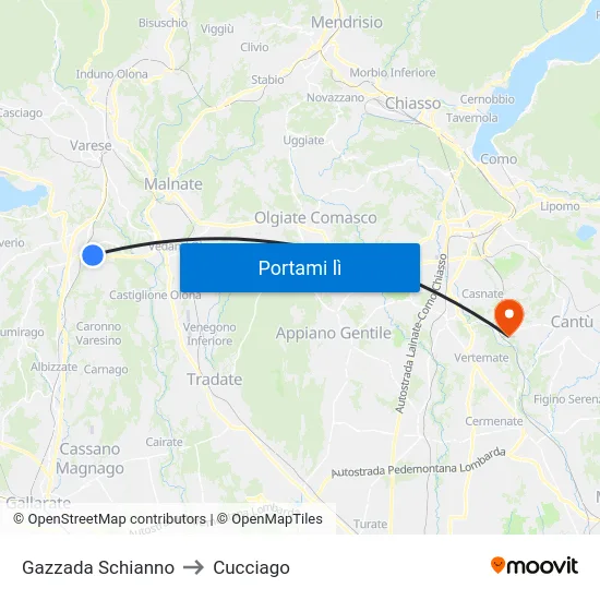 Gazzada Schianno to Cucciago map