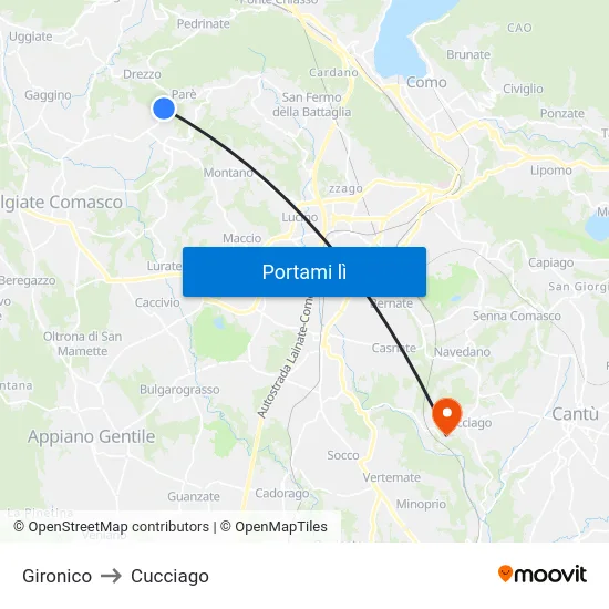 Gironico to Cucciago map