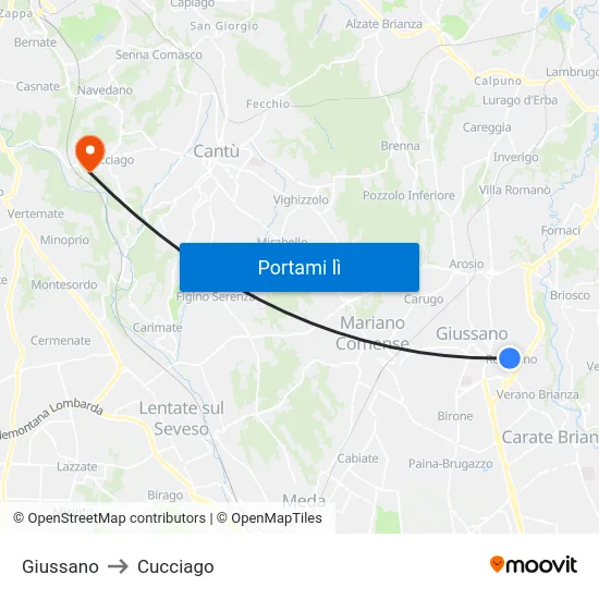 Giussano to Cucciago map