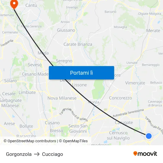 Gorgonzola to Cucciago map