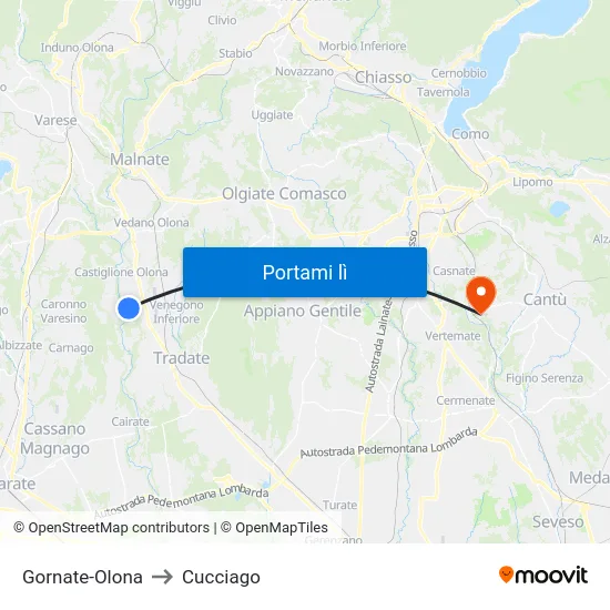 Gornate-Olona to Cucciago map