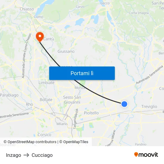 Inzago to Cucciago map