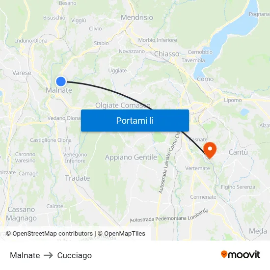 Malnate to Cucciago map