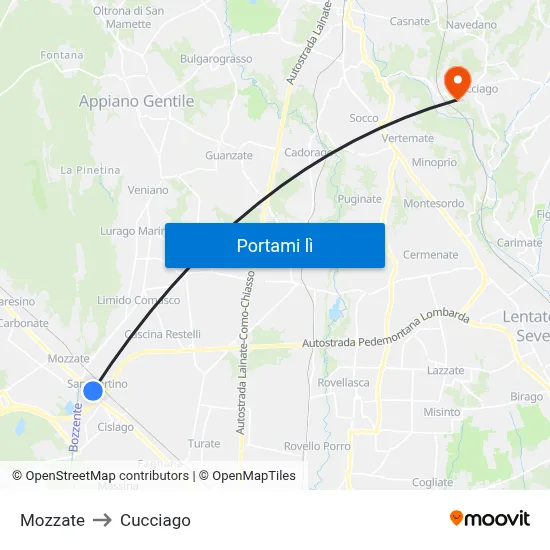 Mozzate to Cucciago map