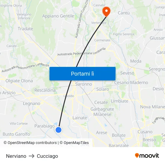 Nerviano to Cucciago map