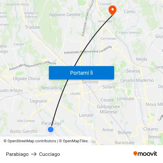 Parabiago to Cucciago map