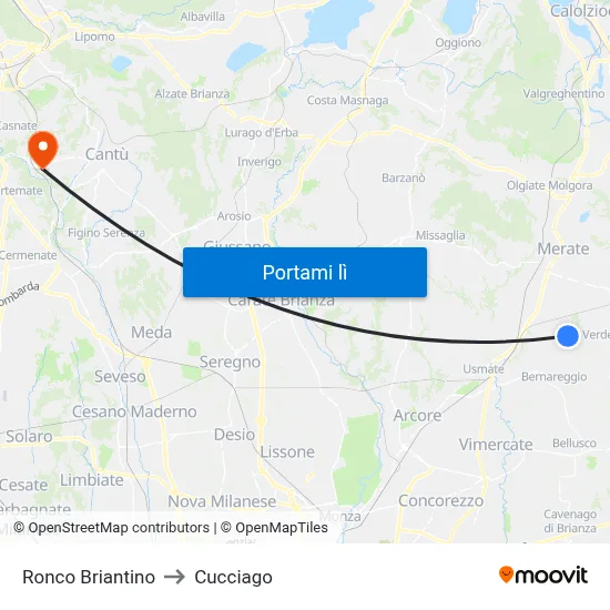 Ronco Briantino to Cucciago map