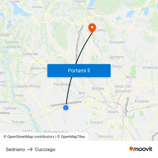 Sedriano to Cucciago map
