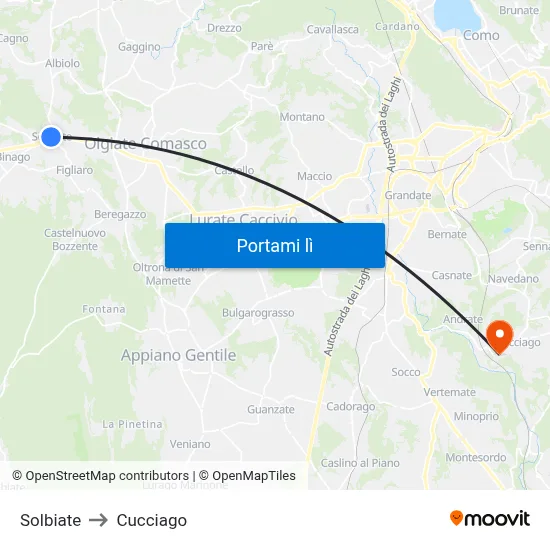 Solbiate to Cucciago map