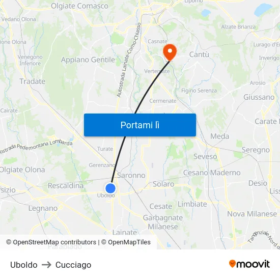 Uboldo to Cucciago map