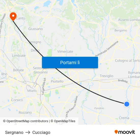 Sergnano to Cucciago map