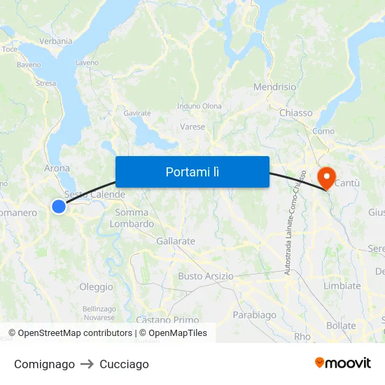 Comignago to Cucciago map
