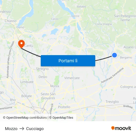 Mozzo to Cucciago map