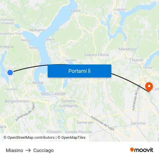 Miasino to Cucciago map