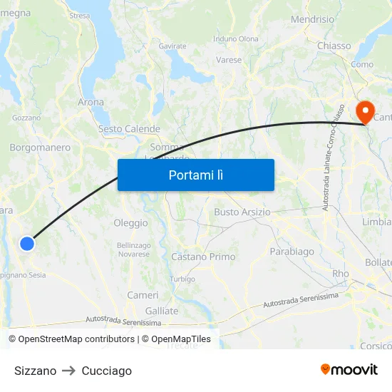 Sizzano to Cucciago map