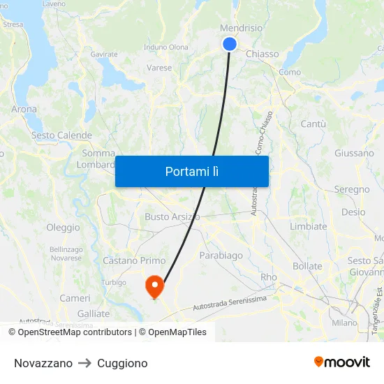 Novazzano to Cuggiono map