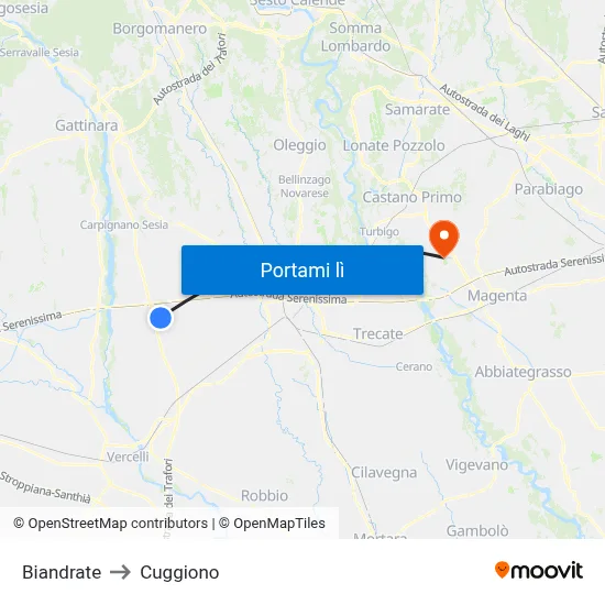 Biandrate to Cuggiono map