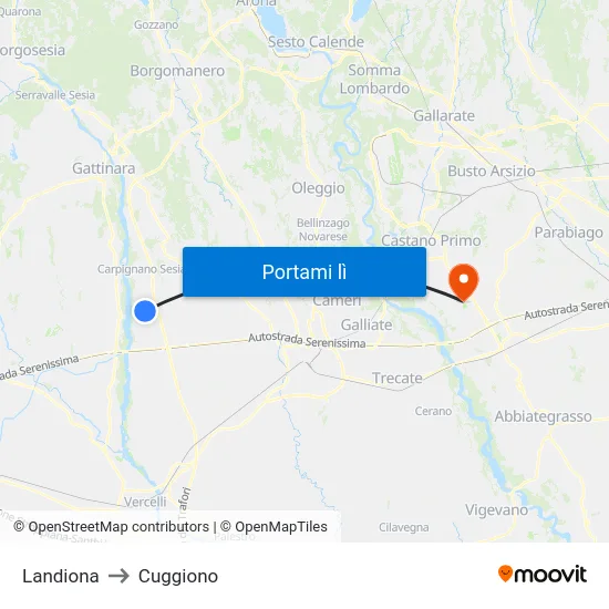 Landiona to Cuggiono map