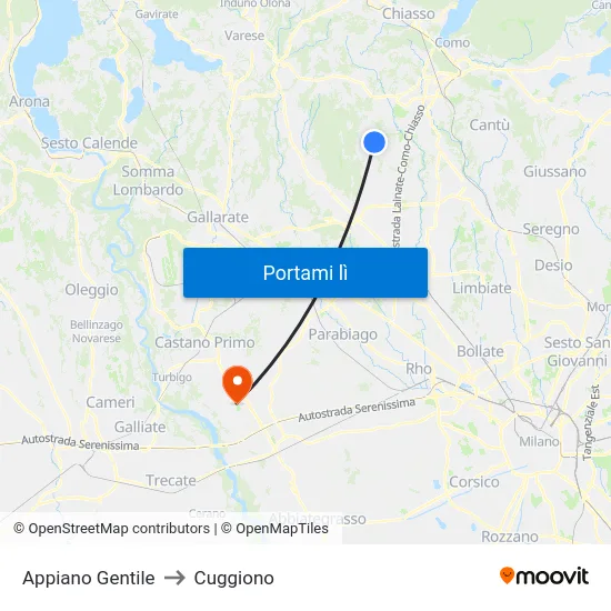 Appiano Gentile to Cuggiono map