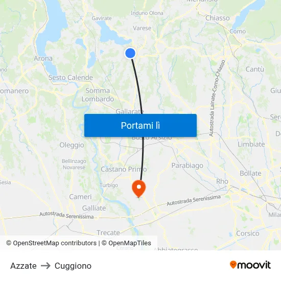 Azzate to Cuggiono map