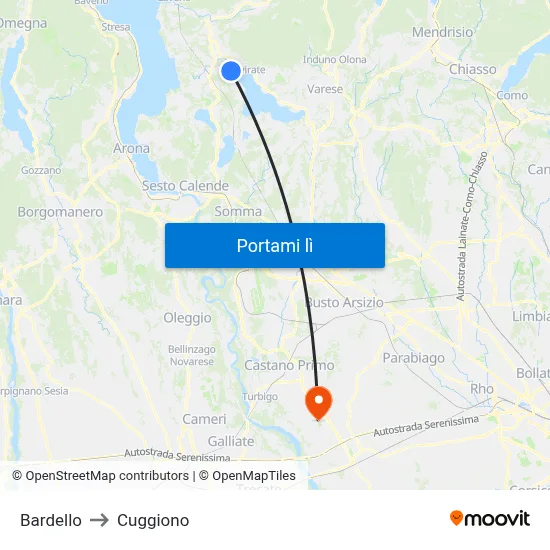 Bardello to Cuggiono map