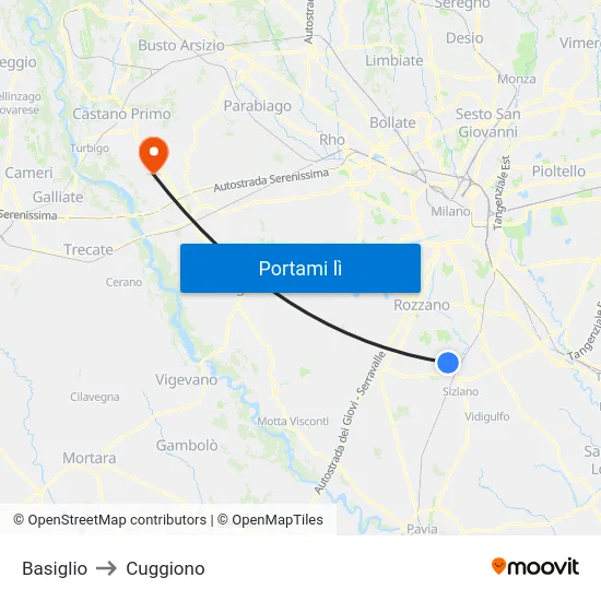 Basiglio to Cuggiono map