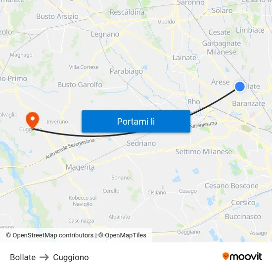 Bollate to Cuggiono map