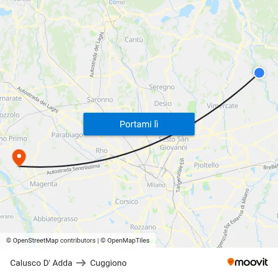 Calusco D' Adda to Cuggiono map