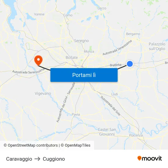 Caravaggio to Cuggiono map