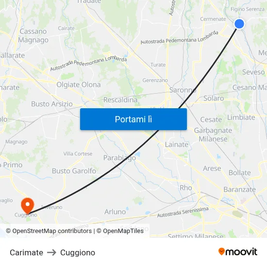 Carimate to Cuggiono map