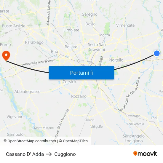 Cassano D' Adda to Cuggiono map