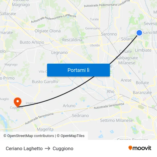 Ceriano Laghetto to Cuggiono map