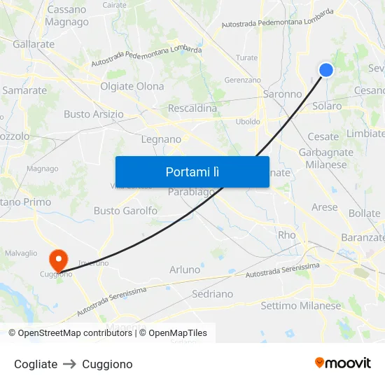 Cogliate to Cuggiono map