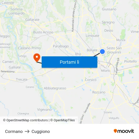 Cormano to Cuggiono map