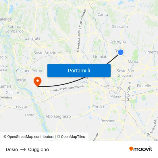 Desio to Cuggiono map