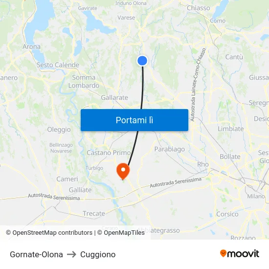 Gornate-Olona to Cuggiono map