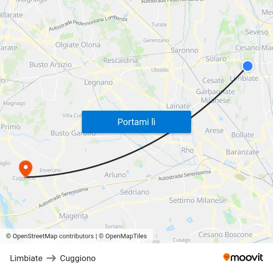 Limbiate to Cuggiono map